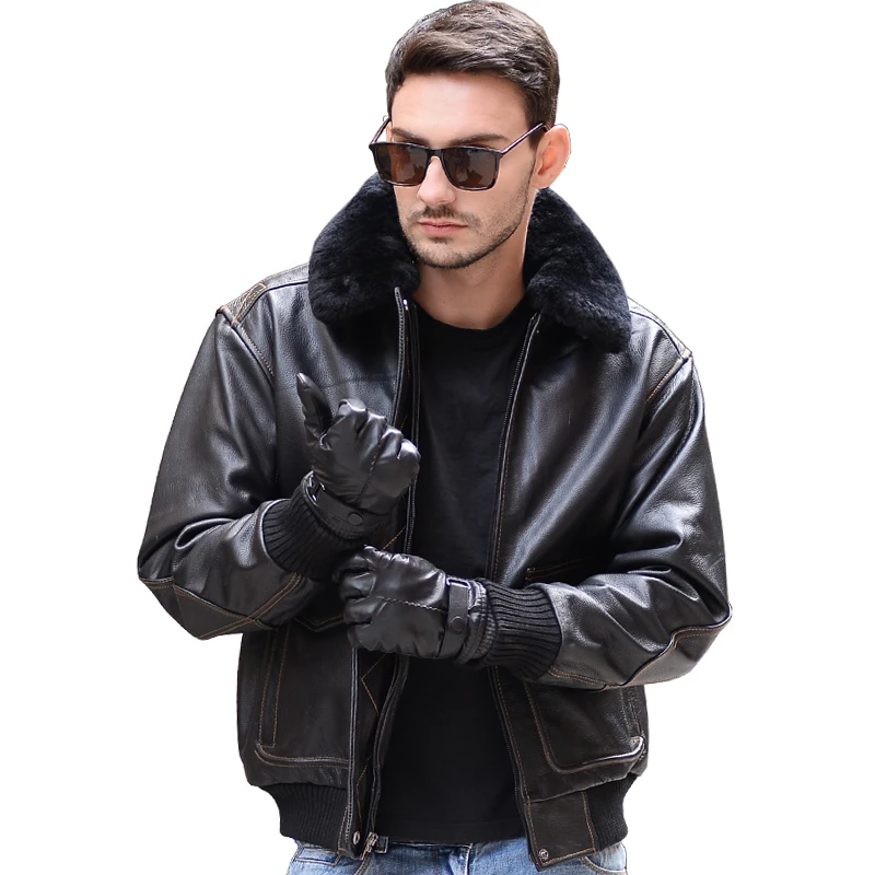 

2020 Black Men USAF Pilot Leather Jacket Europe Size XXL Wool Collar Genuine Thick Cowhide Russian Winter Military Aviator Coat