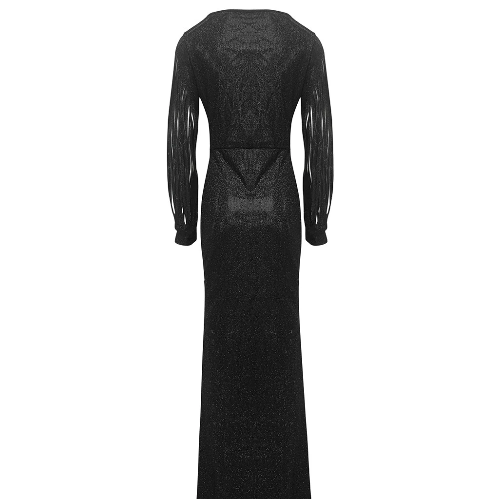 Women Sexy Dress Slim Solid Color Lace Deep Dresses Hollow Lace Long Sleeve Mop Dress Elegant Evening Party Ladies Girls 806