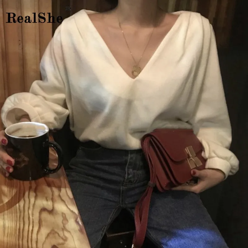 RealShe женская футболка, топ с v-образным вырезом, рукав-фонарик, одноцветная футболка с длинным рукавом, Женская Весенняя уличная одежда, свободные женские футболки
