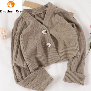 

2020 New V Neck Knitted Sweater Cardigan Coat Women Autumn Winter Single Breasted Short Coat Female Woolen Knitted Overcoat