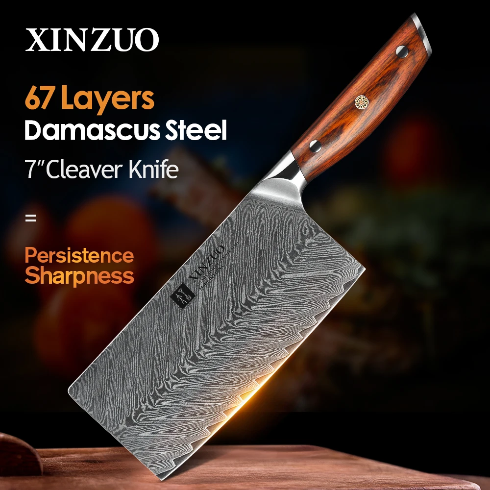 XINZUO 7'' Inches Cleaver Meat Knife Stainless Steel VG10 Damascus