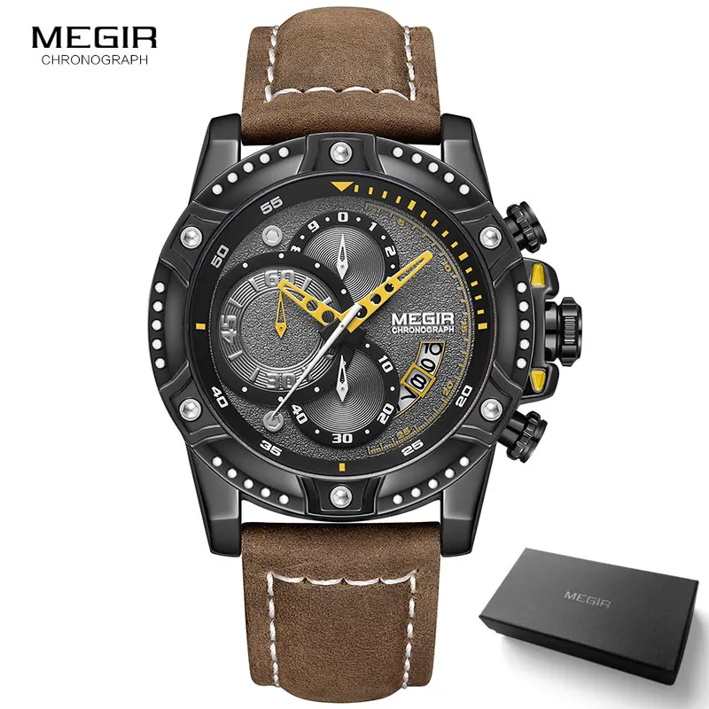 ML2130G-Brown black MEGIR повседневные мужские часы лучший бренд класса люкс Хронограф Кварцевые наручные часы кожаный ремешок армейские спортивные наручные часы relogios Masculio 2130 - Цвет: ML2130G-Brown black