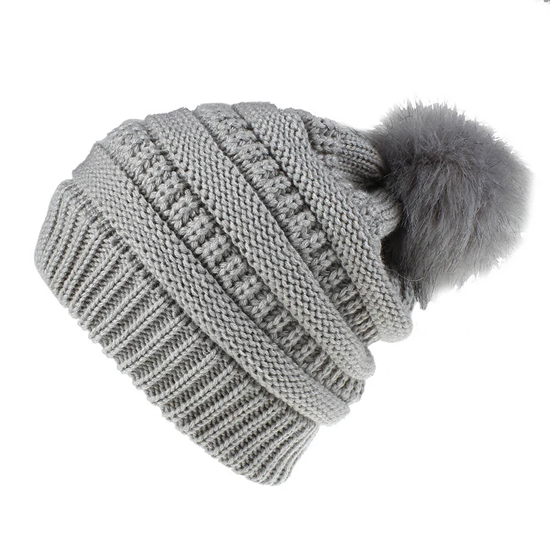 light grey Зимняя Женская Роскошная вязаная громоздкая шапочка с искусственным меховым помпоном для дам, модная теплая плотная вязаная одноцветная Лыжная шапка - Цвет: light grey
