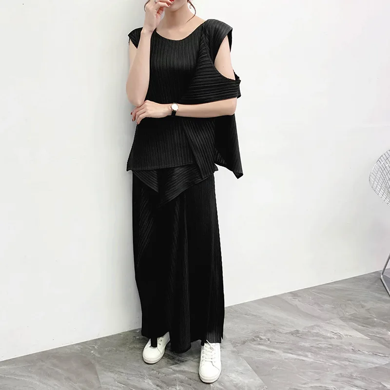 Black set LAANMREM, модные новые топы без рукавов+ свободные штаны, два предмета, женские штаны, комплект-двойка YH681 - Цвет: Black set