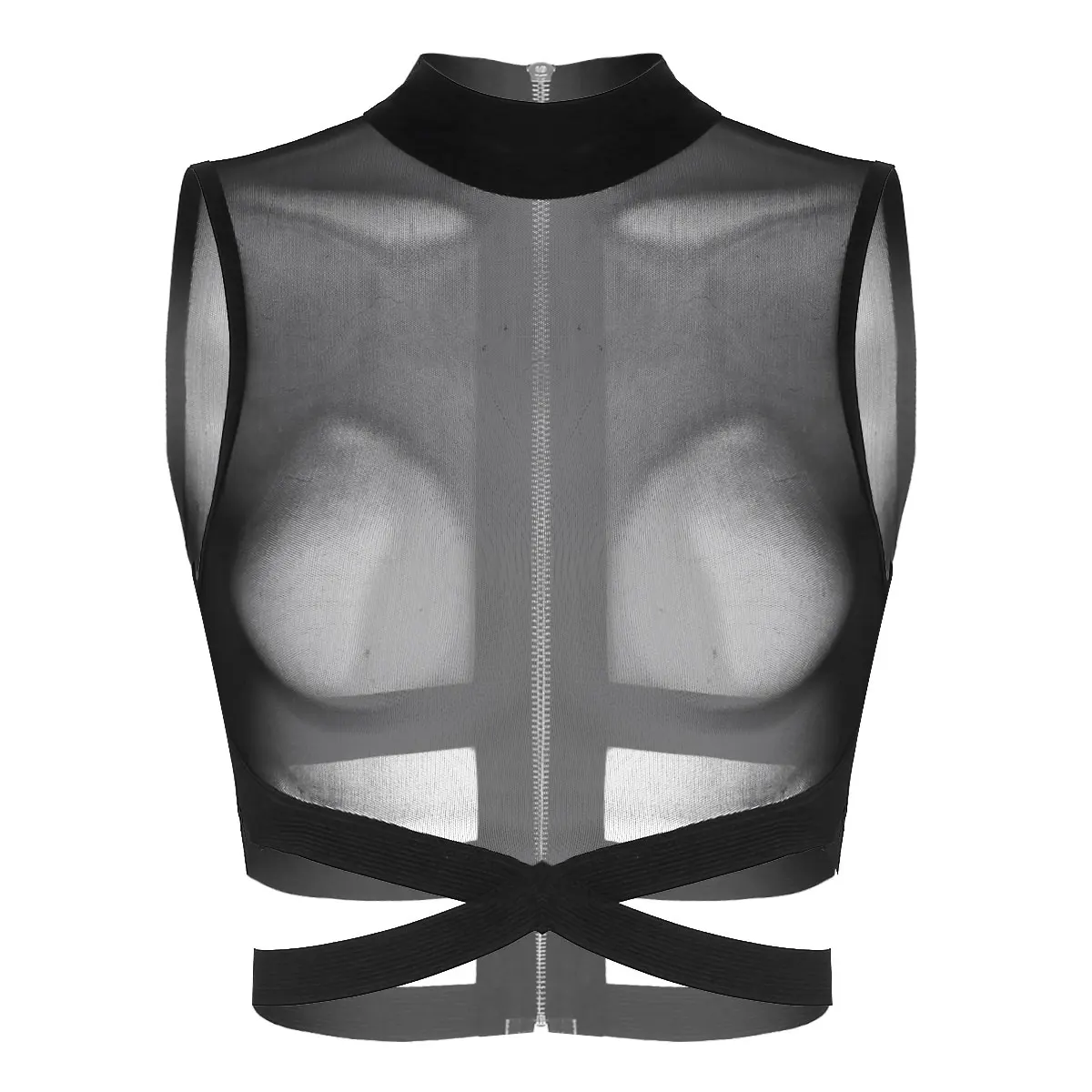 thumbnail image 1 of Lencería elástica con tirantes entrecruzado para mujer, Top corto cruzado, camisetas transparentes de malla transparente con cremallera en la espalda, camisetas sin mangas, ropa para fiesta Rave, 1 of 5