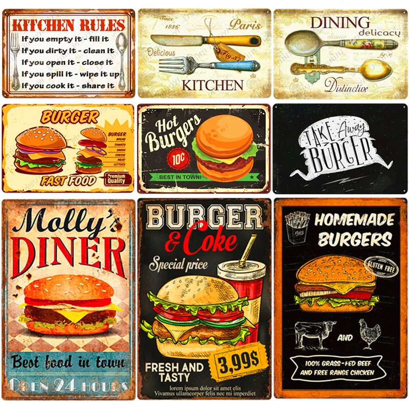 Burgers Fries Metal Sign Plaque Rustic Vintage Decoration Wall Plaque Poster Art