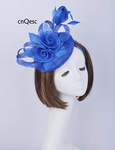 ROYAL BLUE Темно-синие женские официальные платья шляпа Головной убор Sinamay свдебные аксессуары для волос душ матери невесты w/цветок пера - Цвет: ROYAL BLUE