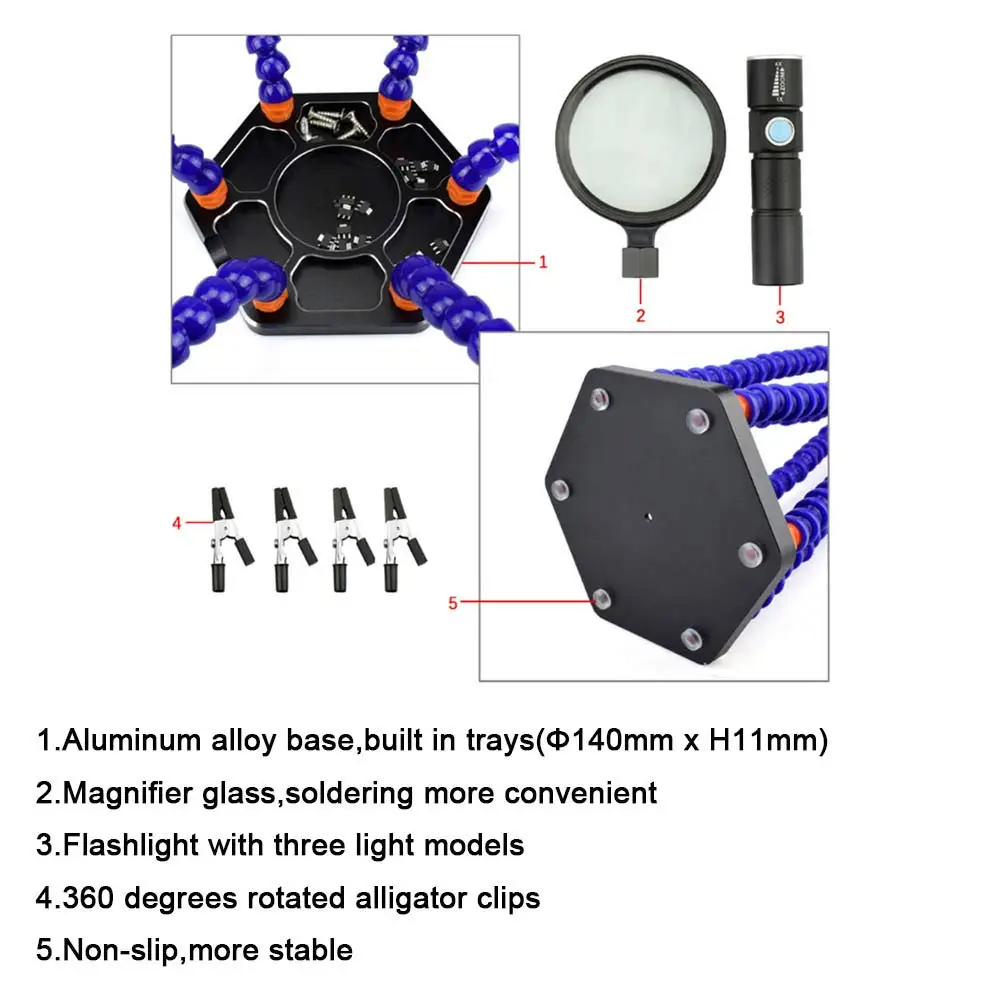 Magnifying USB Flashlight Soldering Station Third Helping Hand Holder Multi Welding Hand Tools with 6 Flexible Arms Black/Blue