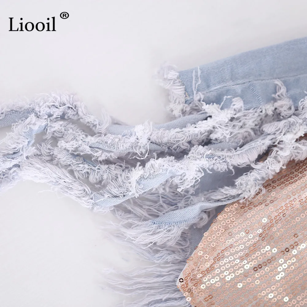 Liooil женские джинсовые шорты со стразами и кисточками Клубная одежда Асимметричная с высокой талией сексуальные рейв джинсы короткие синие джинсовые шорты с блестками