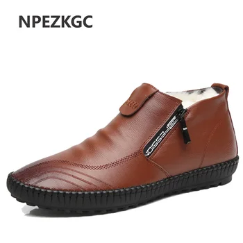 

Fashion Men Boots High Quality Split Leather Ankle Snow Boots Shoes Warm Fur Plush Lace-Up Winter Shoes