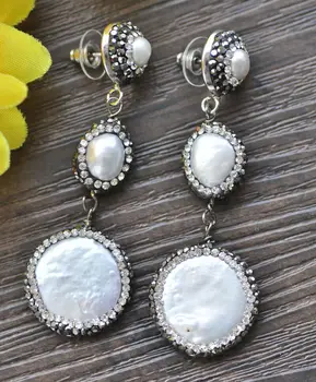 

Handmade Inlay CZ 22mm White Coin Pearl Dangle Earrings CZ