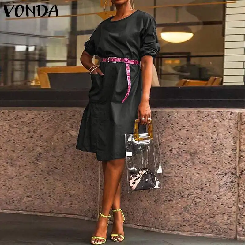 VONDA, винтажное платье по колено,, летнее повседневное одноцветное богемное платье, офисное платье для девушек, женский сарафан средней длины размера плюс 6XL