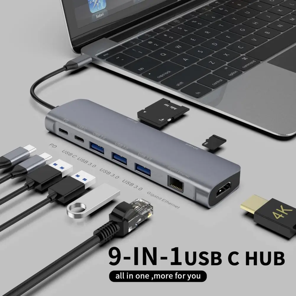 

9-in-1 Type C HDMI-compatible VGA Converter Micro-SD/TF Card Reader PD3.0 Charging USB3.0 Hub Docking Station