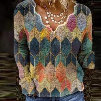 Image of Autumn Vintage Geometric Print Women Knitted Sweater Elegant V Neck Long Sleeve Top Pullover Lady Casual Loose Jumper Streetwear