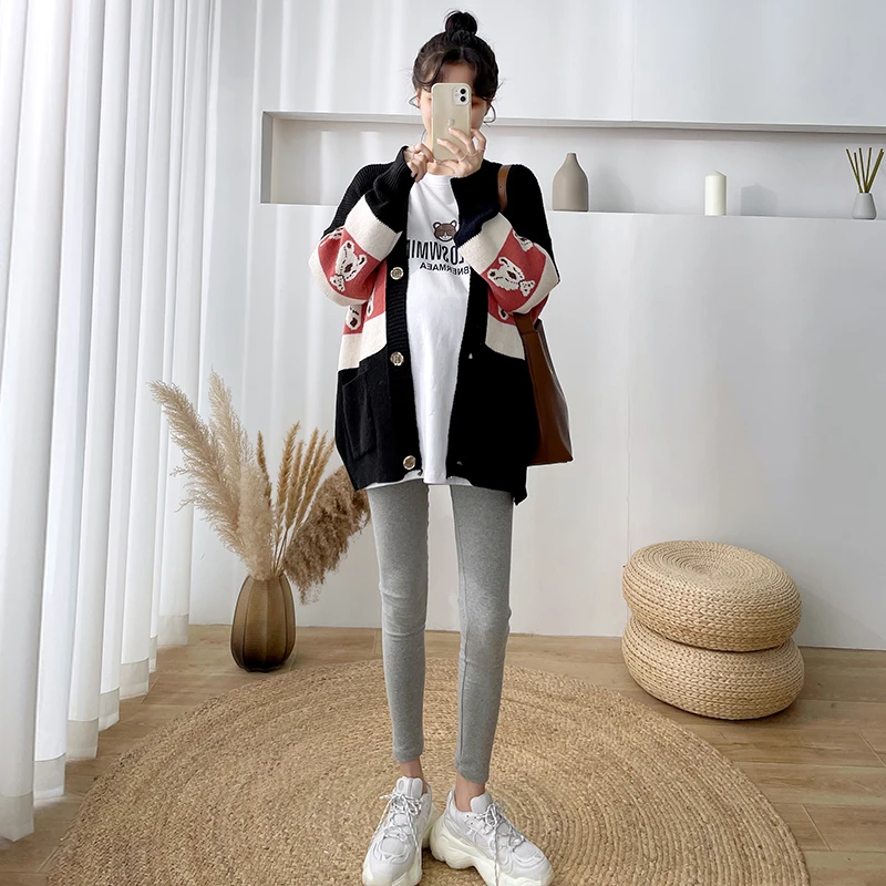 5865# Autumn Winter Korean Fashion Thicken Warm Knitted Maternity Cardigan Loose Chic Ins Sweaters for Pregnant Women Pregnancy