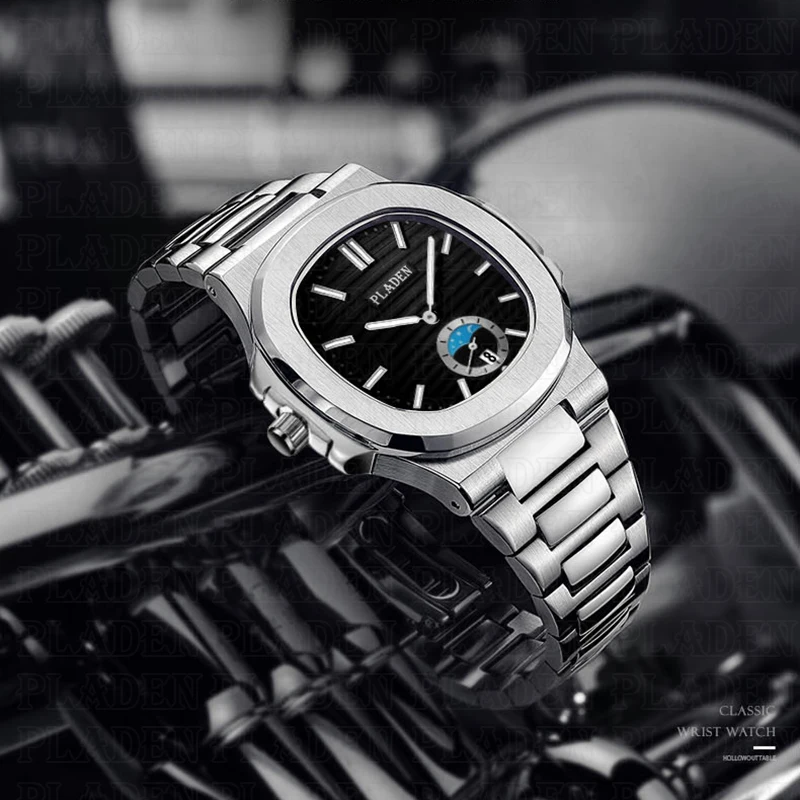 PLADEN мужские часы модные люкс класс брендовые с черным циферблатом 316L ремешок из