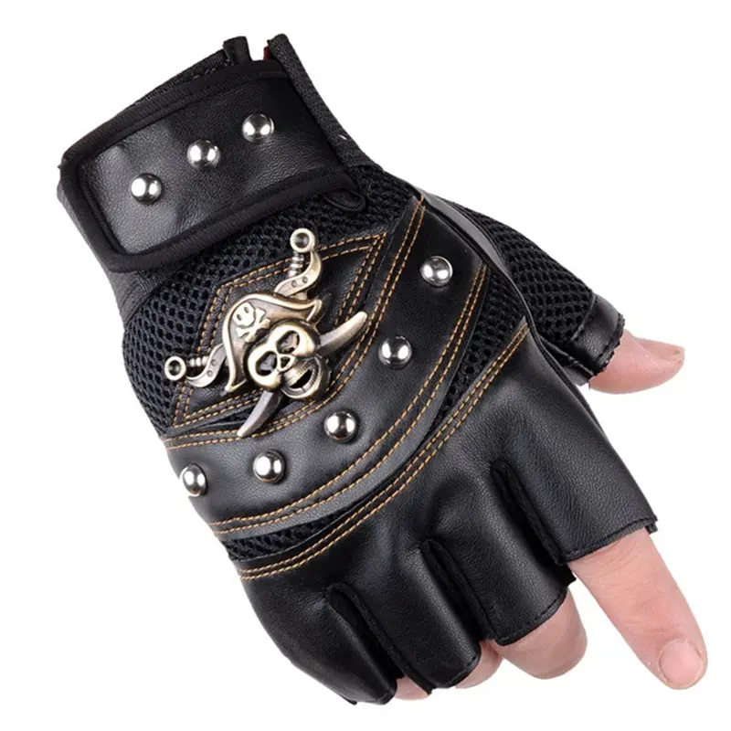 

Pirate Captain PU Leather Fingerless Gloves Men Women Skulls Rivet Mitts Hip Hop Gym Gloves Female Moto Half Finger Men's Gloves