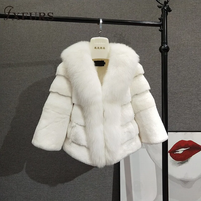 FXFURS новые зимние куртки из кроличьего меха шали женские модные меховые пальто Теплые Короткие повседневные с лисьим мехом воротники настоящие полосы