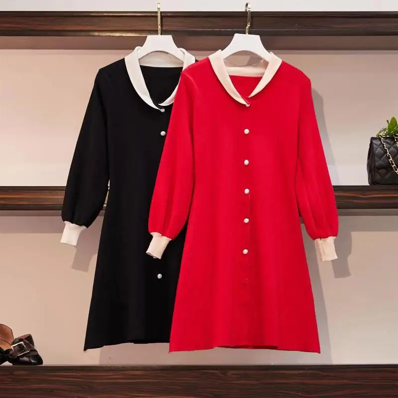 

2019 Spring Autumn New Plus Size Women Long Sleeve Knitted Dress Autumn Winter Slim Warm Mini Sweater Dresses Black Red L3824