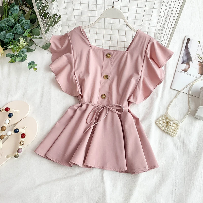 

Summer Women's Ruffled Shirt Korean New Retro Wild Solid Square Collar Butterfly Sleeve Lace Shirt Women Top and Blouses Y468