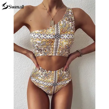 

2020 New One Shoulder Bikini High Waist Swimsuit Women Push Up Swimwear Print Bikini Set Retro Beach Wear Bating Suit Female