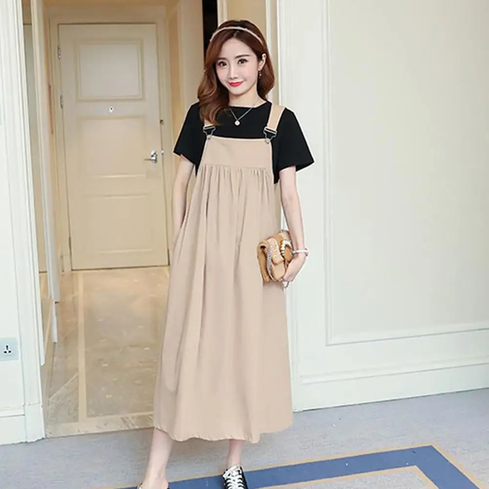 2Pcs/Set Maturity Dress Set Suspender Skirt and Short Sleeve T-shirt Set for Pregnant Woman