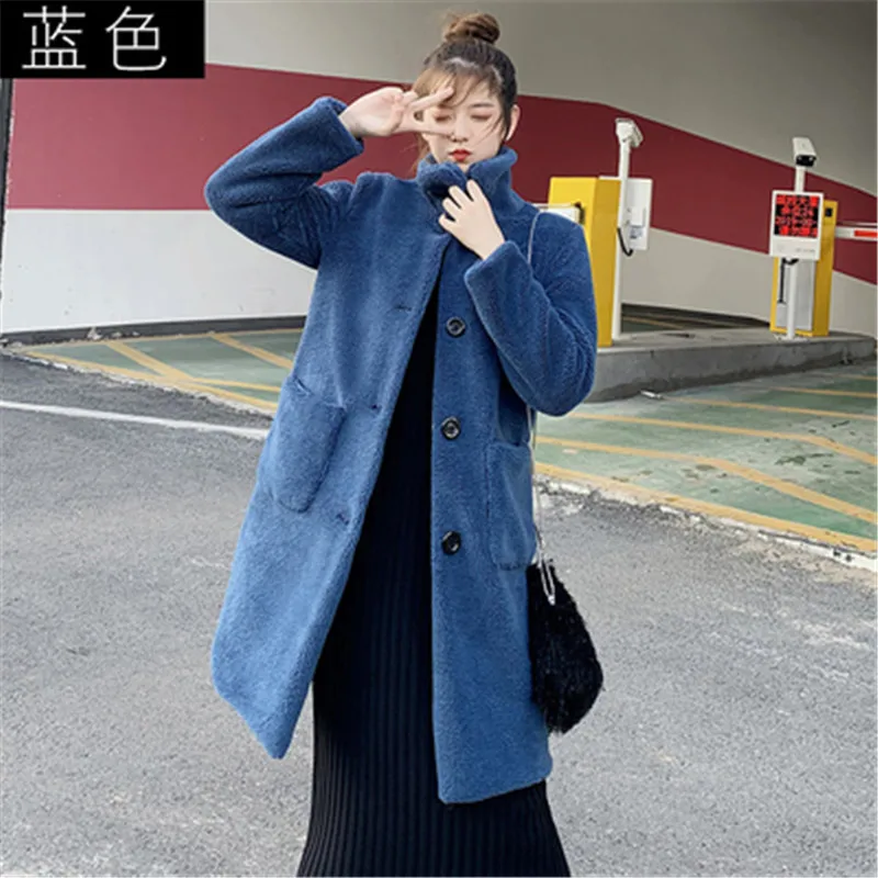 blue Зимнее пальто для стрижки овец, женское длинное пальто из искусственного меха, свободная шерстяная куртка больших размеров, Толстая теплая плюшевая верхняя одежда, женская одежда - Цвет: blue