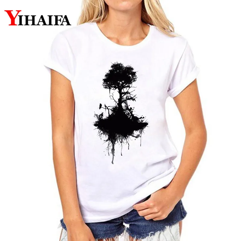 

YIHAIFA Summer Women Short sleeve T-shirt Black Ink Tree Print Graphics Tee Casual Pullover Tops White T Shirts