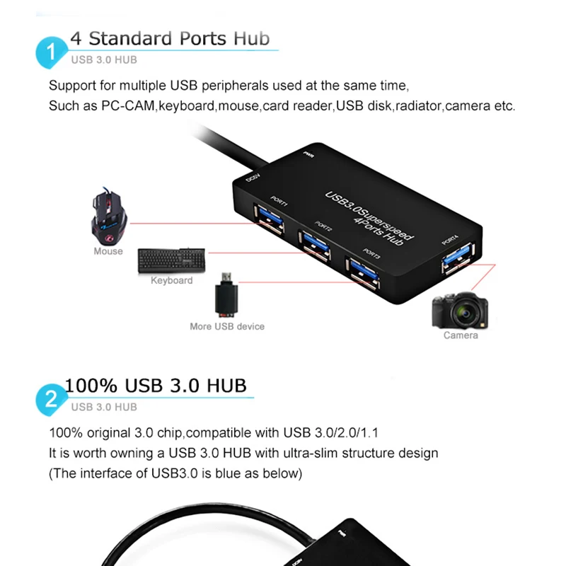 4 порта черный/белый USB 3,0 концентратор переходник разветвитель высокоскоростной 5 Гбит/с для ПК ноутбука адаптер концентратор легкий и компактный 1