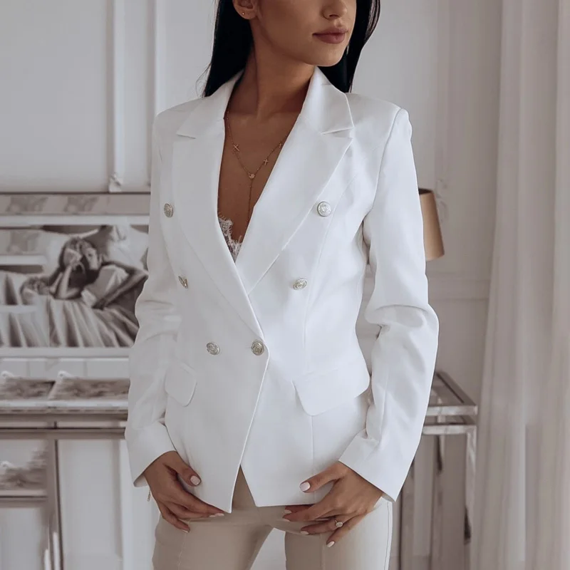 

white slim short jacket Women Solid Color Fit cropped length Suit Tops Lapel Long Sleeve Double-breasted office lady OL jacket
