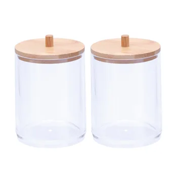 

Transparent Acrylic Cotton Swabs Organizer Countertop Storage Jar Cylinder Dispenser Holder with Bamboo Lid for Bath Salts Hair