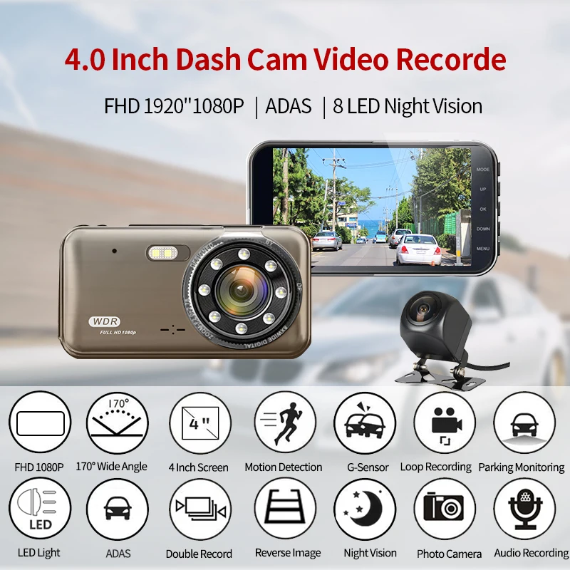 E ACE Автомобильный видеорегистратор 4 0 &quotFull HD 1080P с двумя объективами ночное