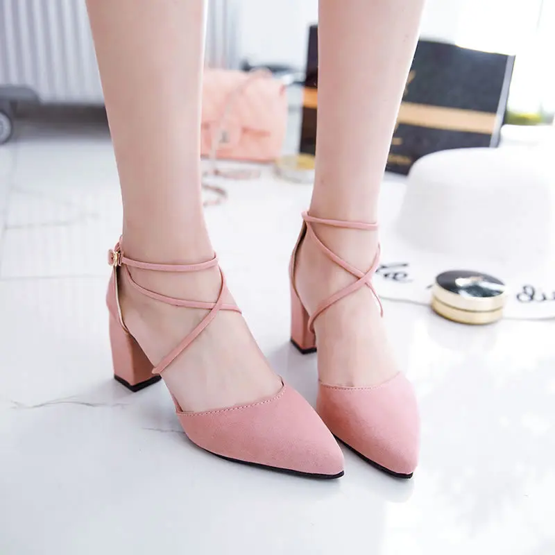 

Sandals Women's 2019 Spring Summer New Style WOMEN'S Shoes Pointed-Toe Suede High Heel Shoes Straight-line Buckle Versatile Sand