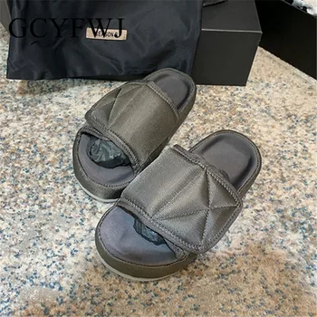 

GCYFWJ Women Slippers Velcro Thick Bottom Solid Color Flat Platform Fashion Design Female Canvas Bread Shoes Plush Slippers Cat