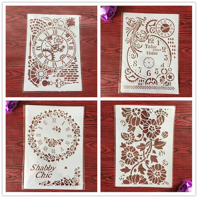 

4pcs / set A4 Clock Stencils Painting Coloring Embossing Scrapbook Album Decorative Template for walls Mandala stencils