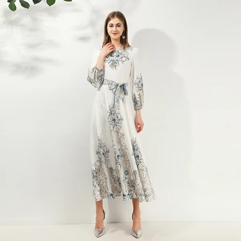 

Xiaomoli Spring Lady Dress Hollow O-Neck Runway Design Long Sleeve Simple Belt Beautiful Diamond Printed Dress