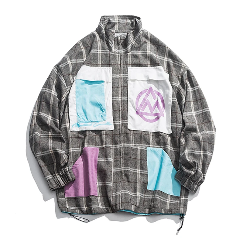New Arriavl Autumn Japanese Street Vintage Style Fashion Men's Plaid Jackets Casual Contrast Color Full Sleeve Stand Collar Coat