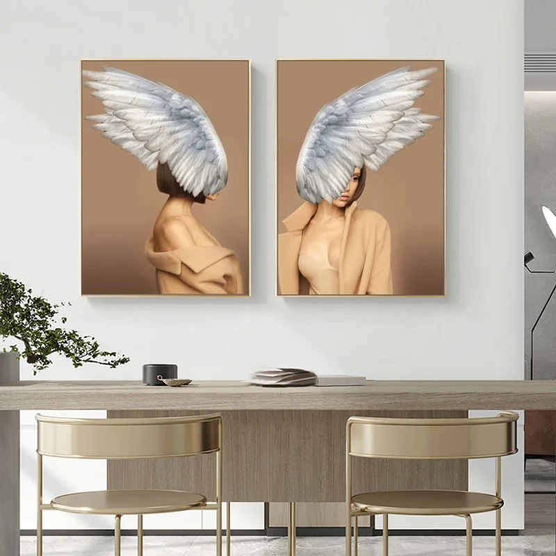 

Beauty Feathers Women Canvas Painting Nordic Modern Posters and Prints Wall Art Pictures for Living Room Home Decor Cuadros