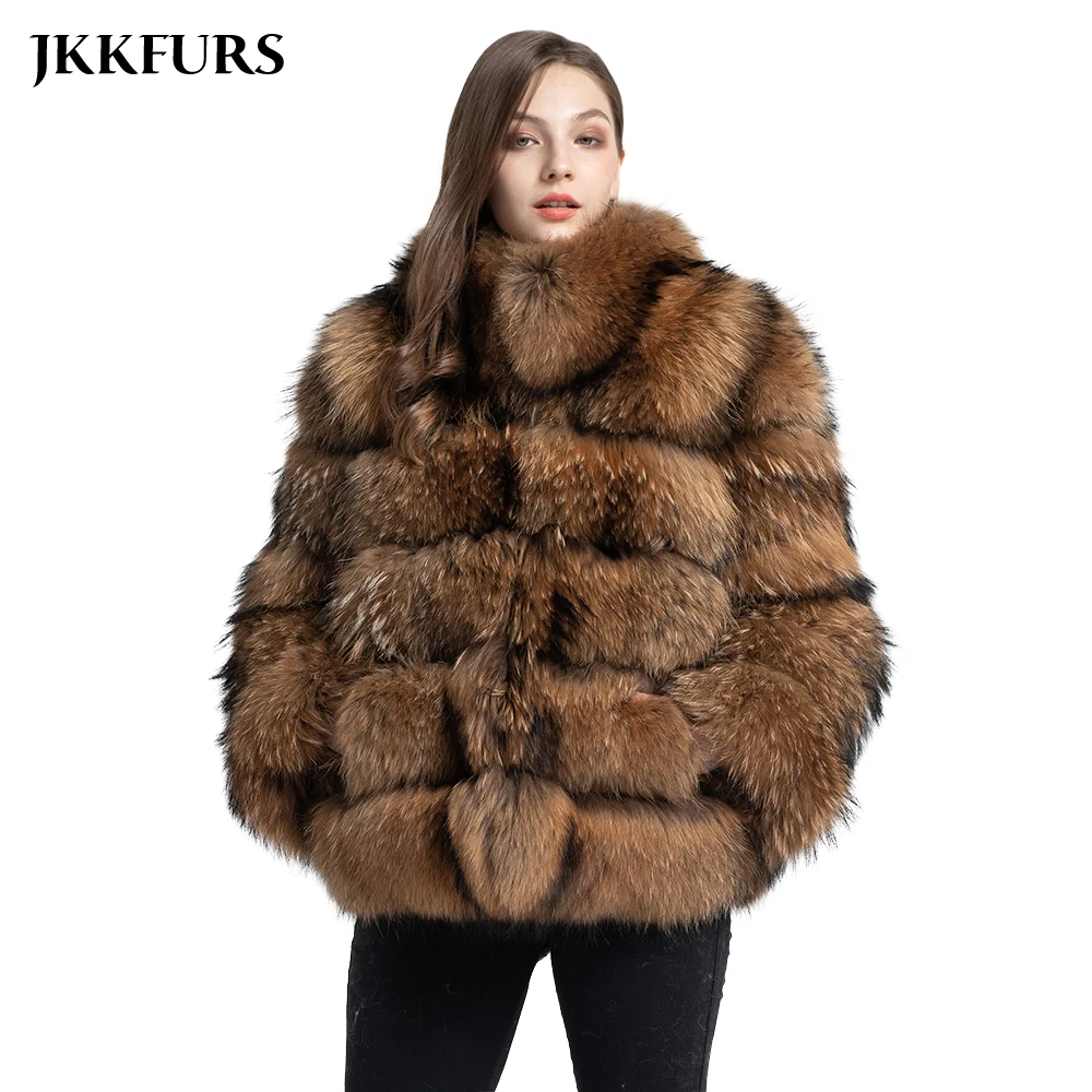 Зимнее пальто из натурального меха енота с воротником Женская Толстая теплая меховая куртка большой пушистый мех Женская мода роскошный стиль S7556