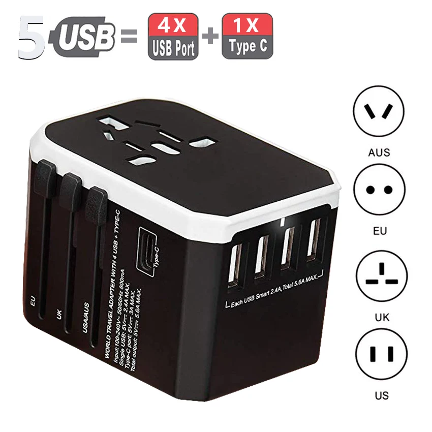 Белый 5USB адаптер для путешествий Универсальный адаптер питания зарядное устройство по всему миру адаптер настенные электрические вилки розетки конвертер для мобильных телефонов - Цвет: Белый