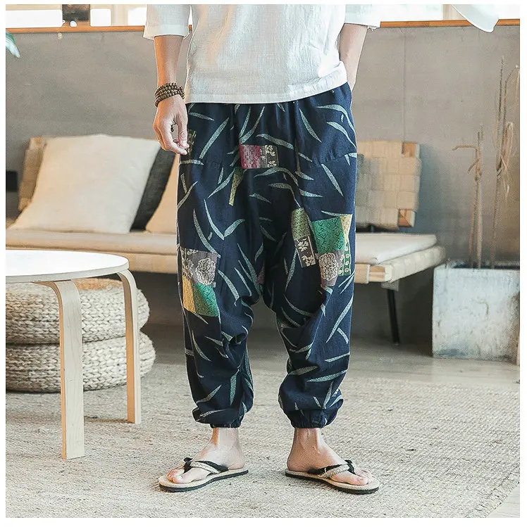 Nice Harajuku Cotton Linen Harem Cross Pants Men Jogger Pants Male Summer Floral Print Hawaii Beach Pants Trousers