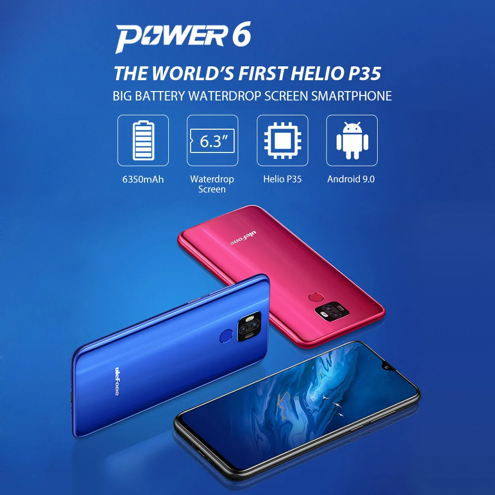Смартфон Ulefone power 6, 4 ГБ, 64 ГБ, Android 9,0, 6350 мАч, 6,3 дюймов, FHD+ 16 Мп+ 16 МП, Helio P35, четыре ядра, NFC, Face ID, 4G