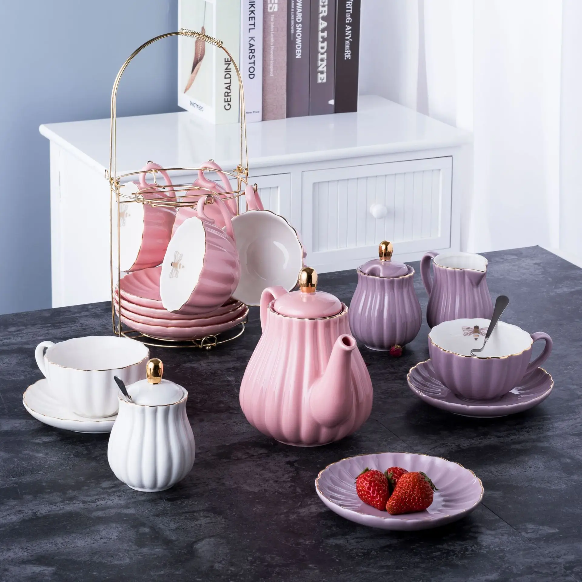 Полосатый горшок четыре чашки блюдце японский кофейный набор кувшин золотой