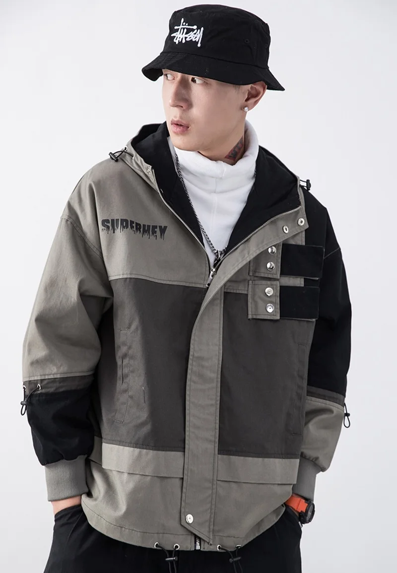 Hooded Color Block Jacket Autumn Casual Windbreaker Vintage Mens Coats Cargo Track Hoodie Coats Streetwear Hiphop KK3154
