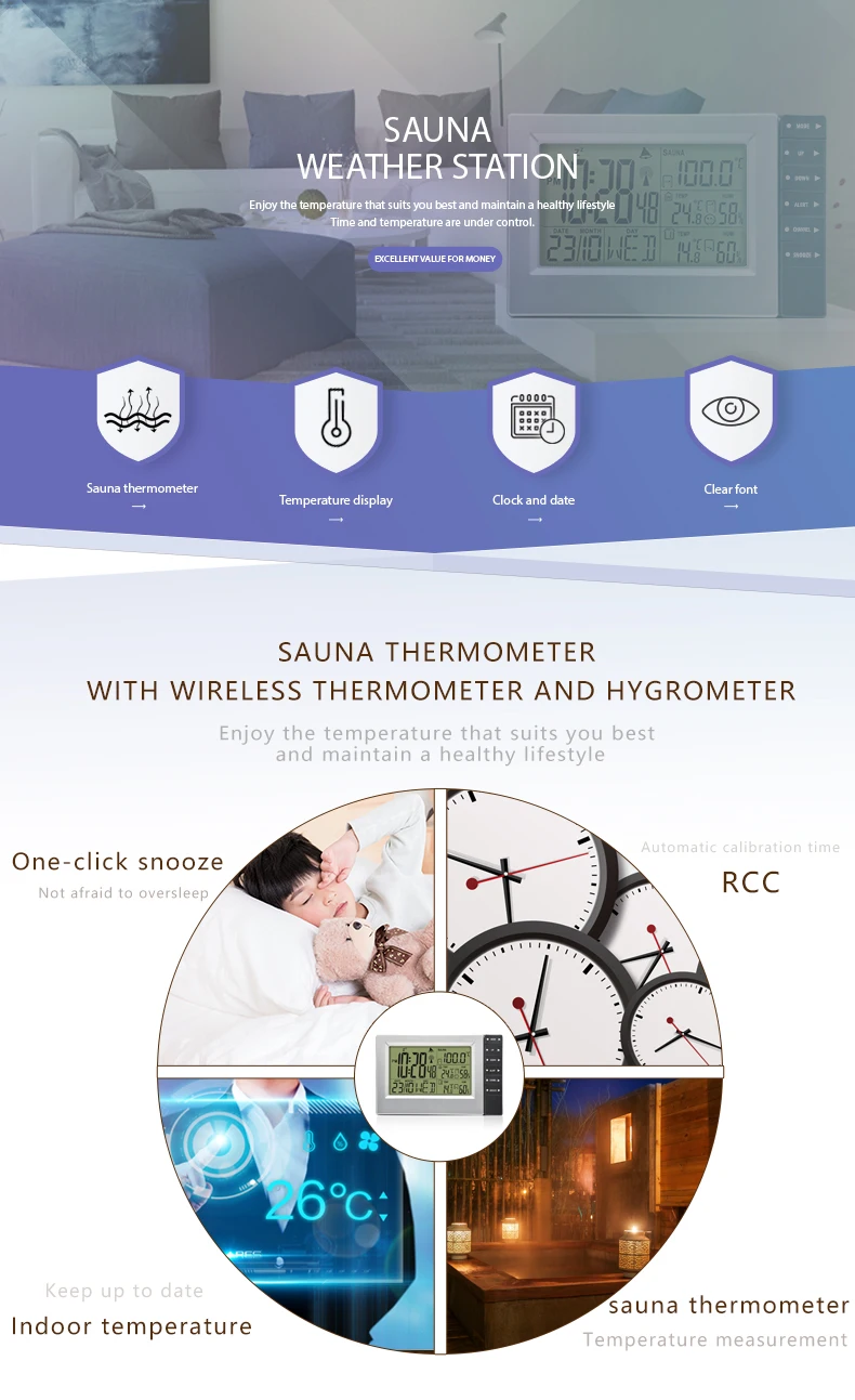 Беспроводная метеостанция с термометром, гигрометром, датчиком сауны, большим дисплеем, будильником, 2 передатчика