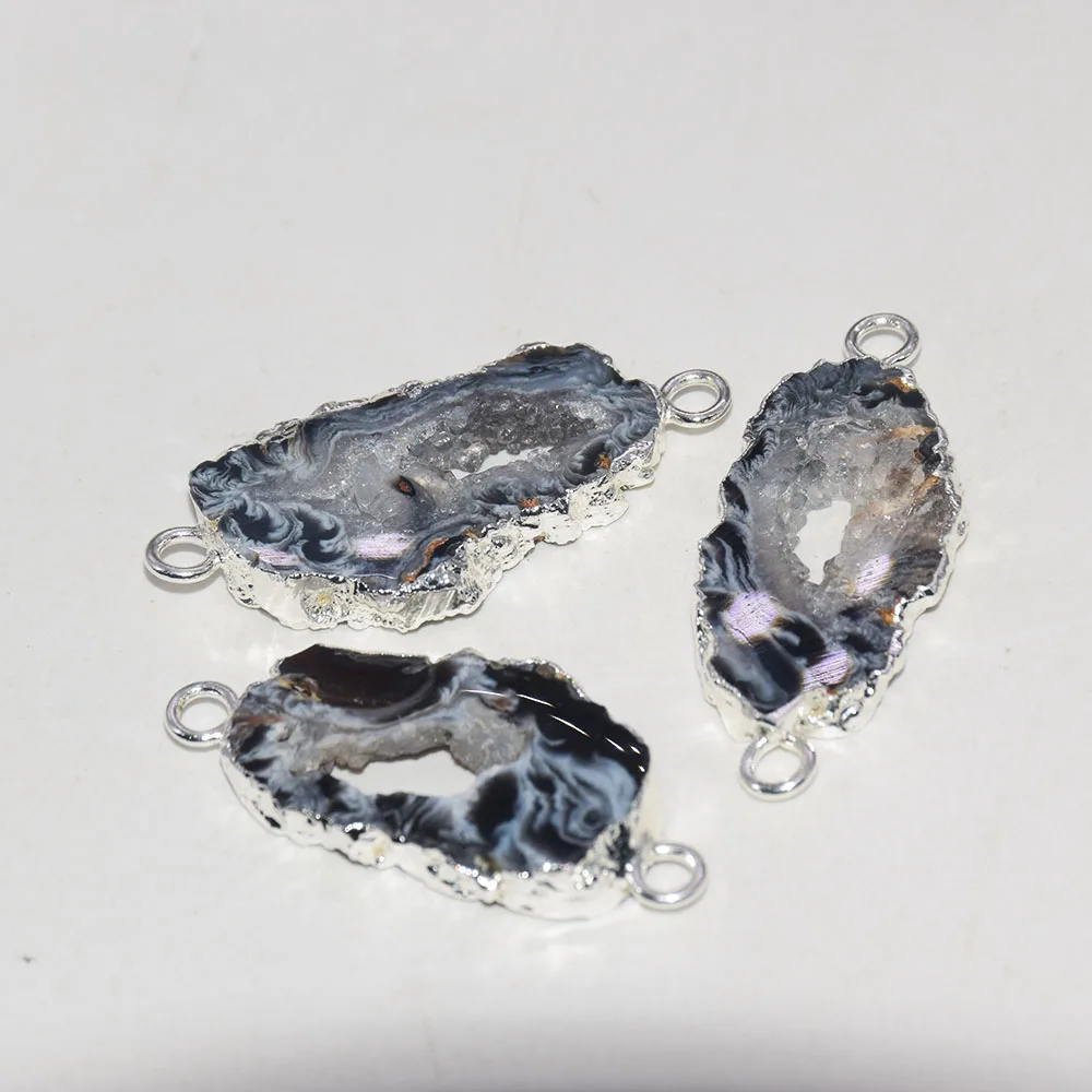 

Natural Geode Druzy Stone Connector for Jewelry making 2020 sliver plating Grey Hole Slice Vintage polish gem stones pendant