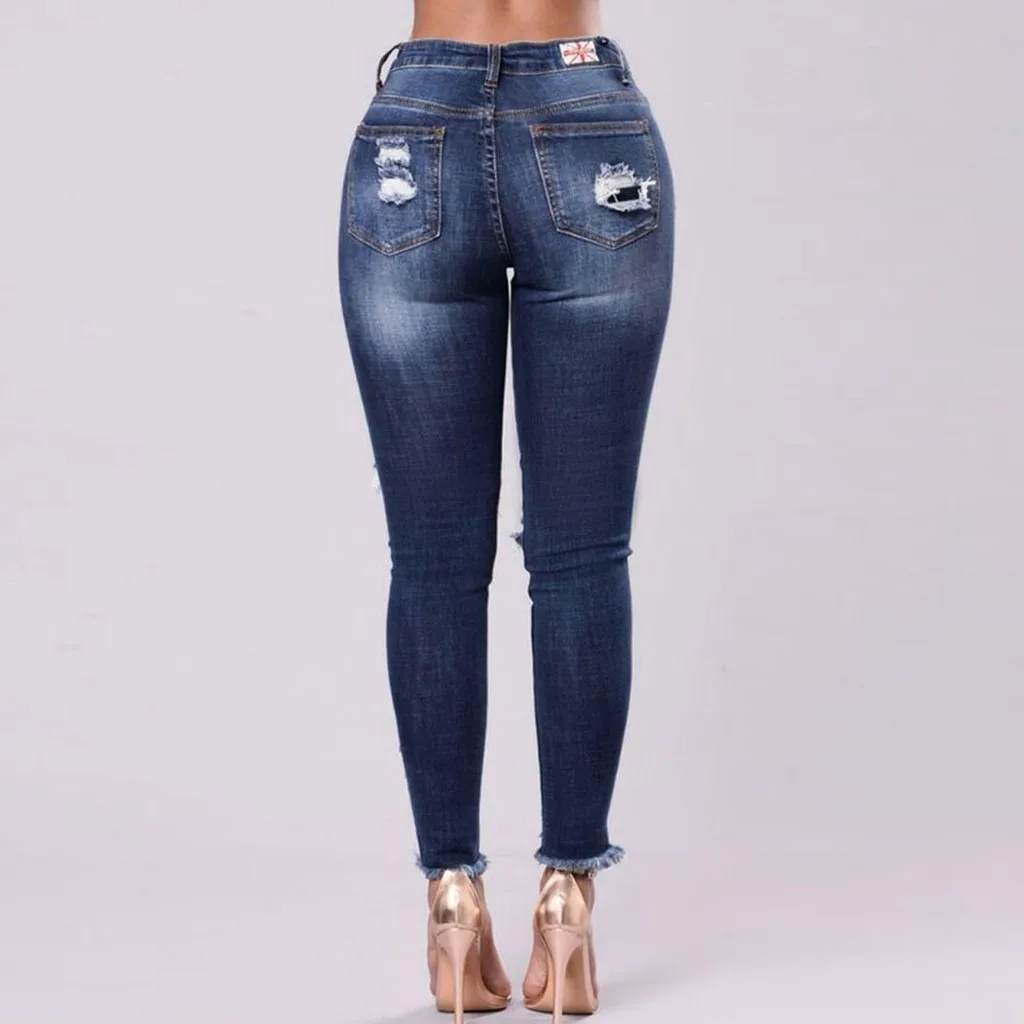 Women High Waist Skinny Hole Denim Stretch Slim Jeans Sexy Lady Embroidery Pencil Pants Jeans for Women Streetwear z1009