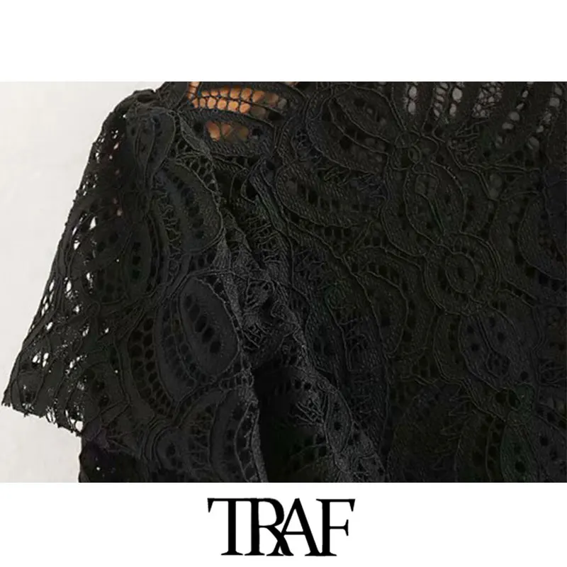TRAF, женские винтажные стильные короткие кружевные блузы с оборками, Модные прозрачные рубашки с круглым вырезом и длинным рукавом, блузы, шикарные топы
