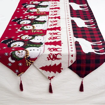 

180*35cm Classical Christmas Table Runner Cotton Embroidered Snowman Deer Pattern ChristmasTablecloth Xmas Party Decoration