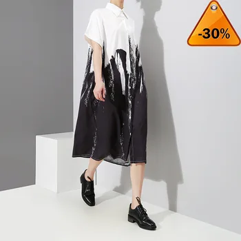 

Split Women Prints Joint Long Big Size Blouse New Lapel Long Sleeve Loose Fit Shirt Fashion Tide Spring Autumn 2020